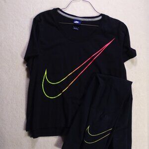 Nike Swoosh T-Shirt & Leggings Set Black top- M Bottom- L Fair Condition